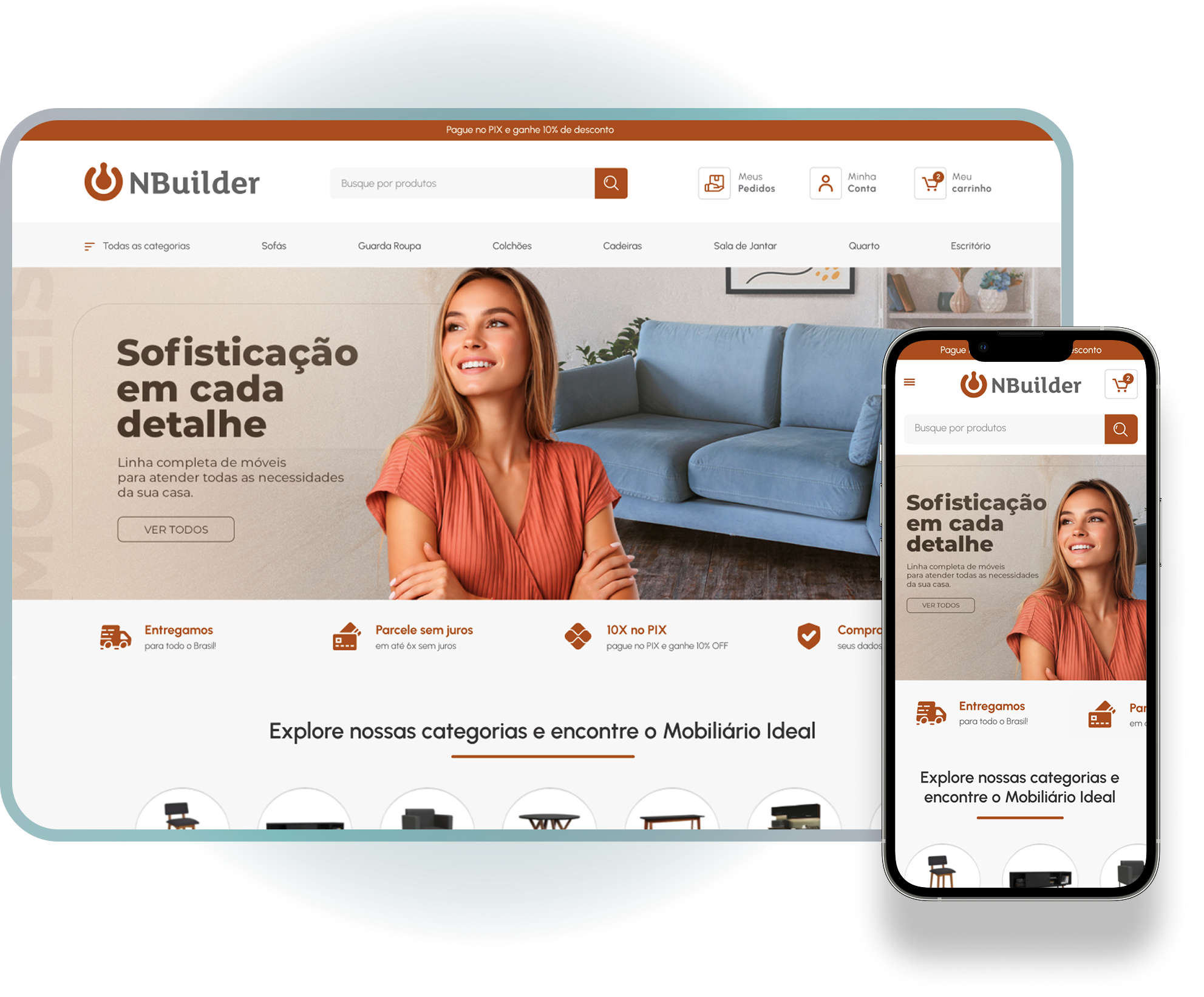 Exemplo de loja virtual criada pela NS Digital — versão desktop e mobile